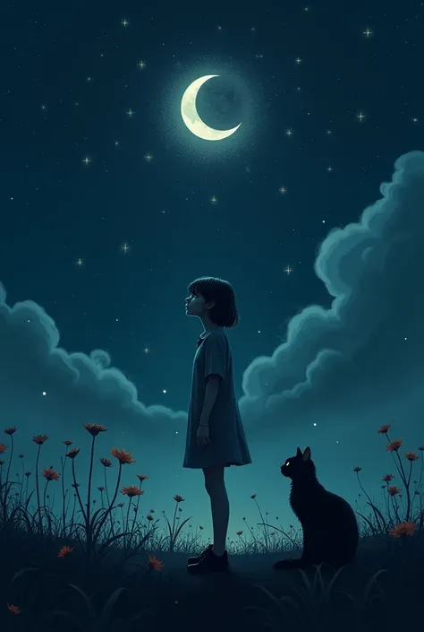 Create an image where a girl almost 19 is standing in a dark pitch place staring at the night beautiful moon and sky in a state of kalopsia  .. shes alone the picture is taken from far ... fantasy   stars.. fantasy sky ..a black cat .. eclipse 