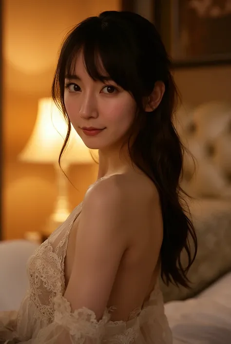 
  Sensual and elegant illustration of an East Asian woman softly illuminated by the warm light of the lights ,  depicted in soft light in a hotel room at night , Subtle,   erotic vibe followed by  .

 she looks back gently ,  enchanting expression , Her b...