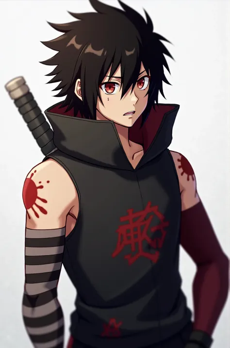 Make the anime character uchiha older around 21  and keep his aesthetic just longer hair taller muscular beneath his hoodie thats now sleeveless and few scars 
Still has clock like eyes with blood running from them