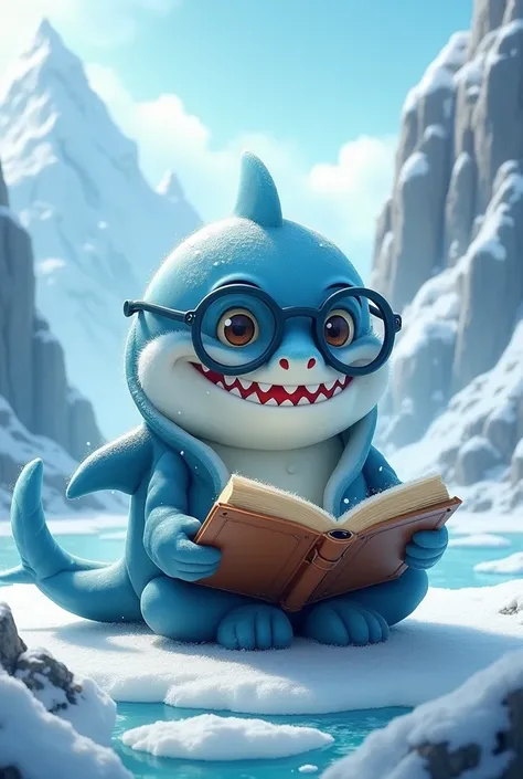 Cute shark made of ice who is studying
