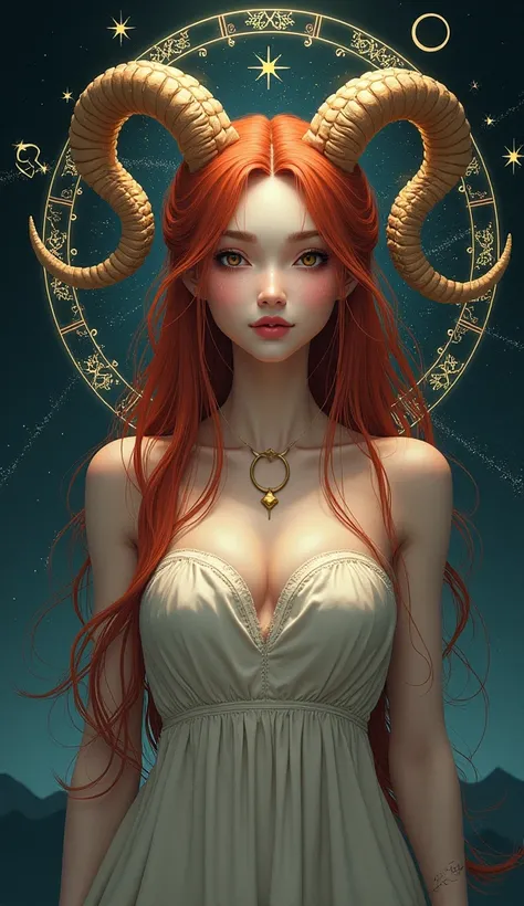  A stylized astrological figure , loose reddish hair ,  with sheep horns integrated into the look,  fantasy style with a background of constellations ."
