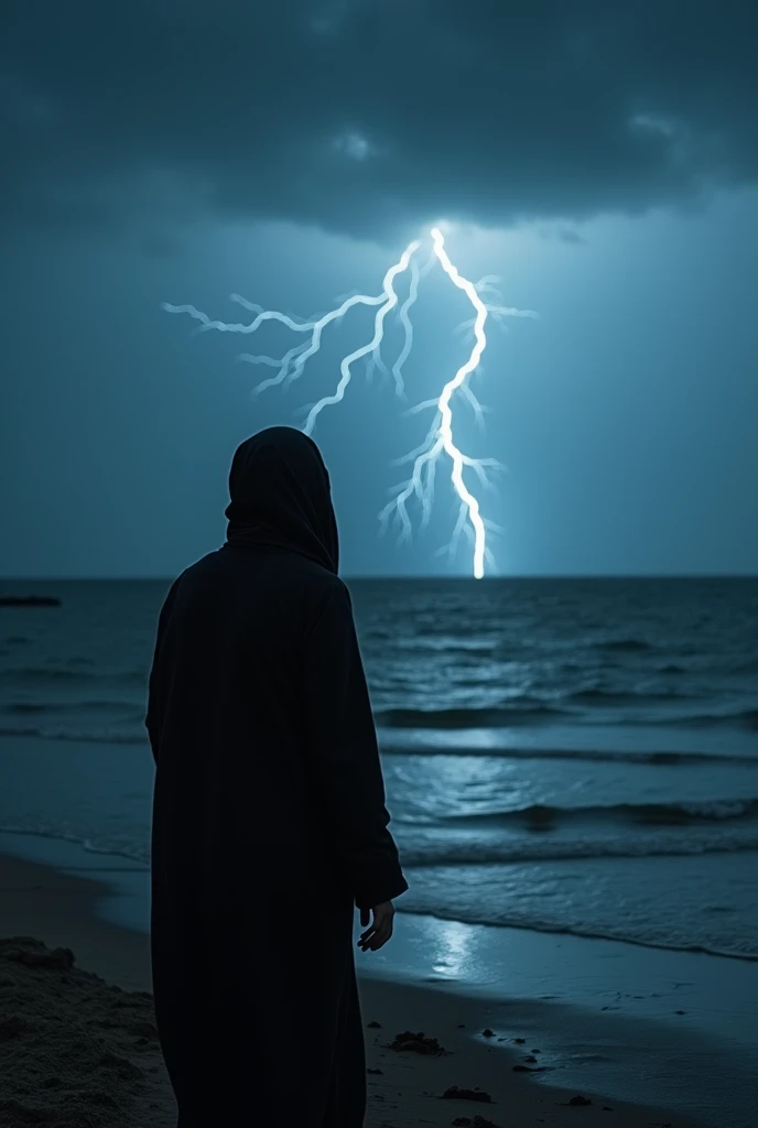  A girl in a black hijab walks along the seashore ,  its dark outside ,  lightning flashes in the sky and its raining , the girl starts to run away slowly ,  but then at one time she stops and sits down