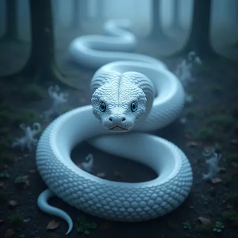 "A majestic, pure white snake slithering smoothly towards the camera. Its scales shimmer like ice, reflecting the light in dazzling patterns. The snakes eyes are icy blue and captivating, and the background is a dark, shadowy forest with mist creeping alon...