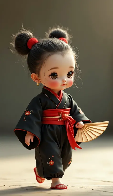 A 2-month-old baby walking with grace, dressed as Temari. She wears a black kimono with a red sash and carries a miniature folding fan. Her hair is styled into four small, spiky buns.