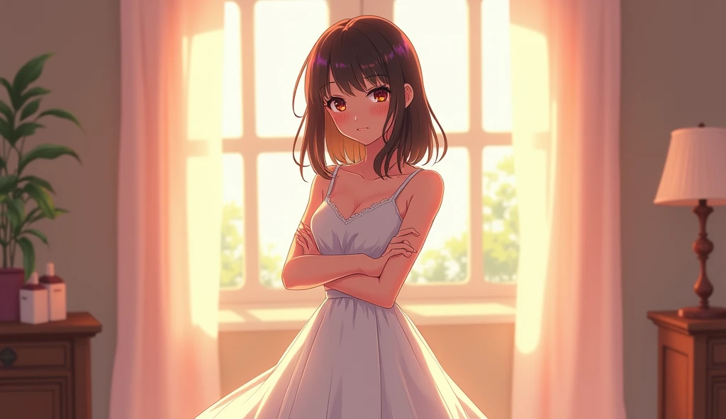  a cool cute woman in a white dress standing with her arms crossed , standing in the room  ,  Anime style 