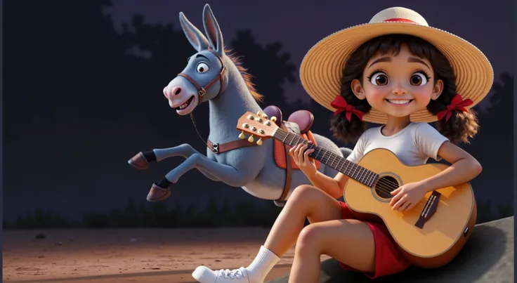 Inspired by Disney Pixar movies and 3D characters, create an image of a mixed-race girl, daughter of a white mother and black father, white skin and curly hair tied in two ponytails, with a large sun hat hanging on her back, a plain white t-shirt, red shor...