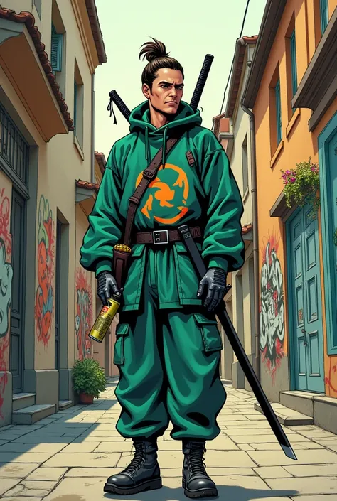 Une image du style manga. En couleurs claires. Un caucasien de 30 ans. Il a les cheuveux bruns,  longs, attachés en bun. Il a une petite barde. Il est habillé en habits samourai de couleurs vert deau avec des motifs orange claire. Il a trois katanas. Il se...