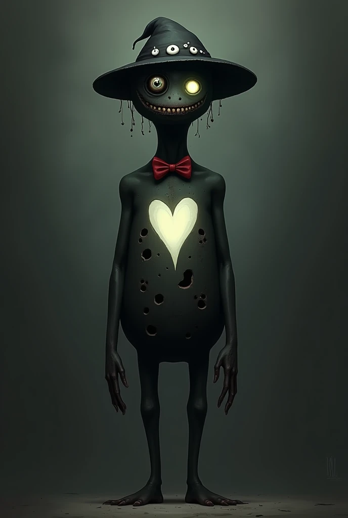 In his distorted appearance, he takes on a more grotesque look: He is a tall, slender, black creature with a white-glowing heart in the center of his body. He has an Insolence eye, a white button-shaped eye, and a creepy smile on his face. There are many h...