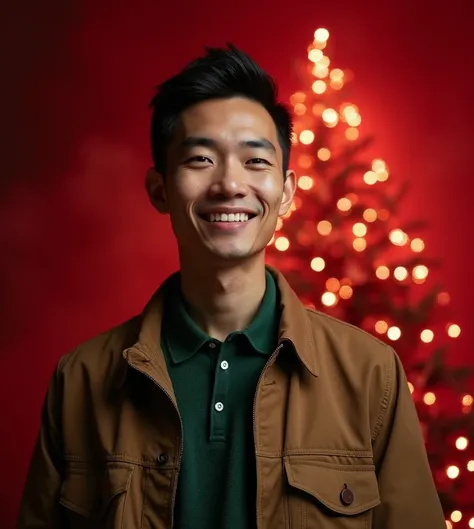 Hansome asian man 55 years short crew cut dark brown hair, thin smile, wearing green-khaki shirt and brown-jacket, professional photos studio, dark red smokey and sparkling stars background, huge chrismas tree, Christmas atmosphere 