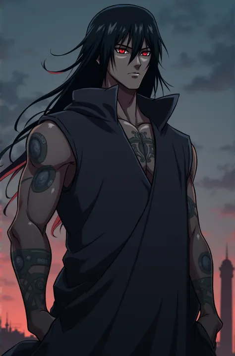 Make the anime character uchiha older around 21  and keep his aesthetic just longer hair taller muscular beneath his hoodie thats now sleeveless and few scars 
Still has clock like red eyes with blood running from them
Place him on a village roof mysteriou...