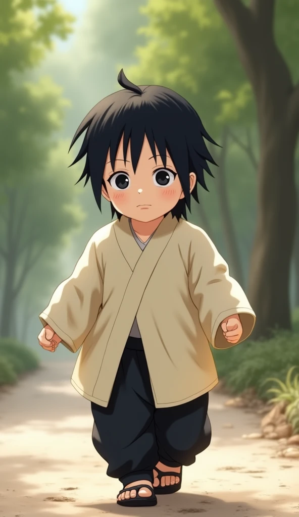 A 2-month-old baby walking brightly, dressed as Neji Hyuga. He wears a cream tunic with black pants and the Hyuga clans Byakugan eyes painted lightly on his face. His straight black hair completes the look.