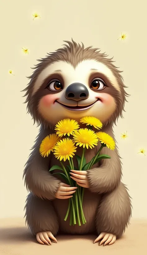 a dopey sloth with a dopey face and an ice age cartoon smile and a bouquet of dandelions.