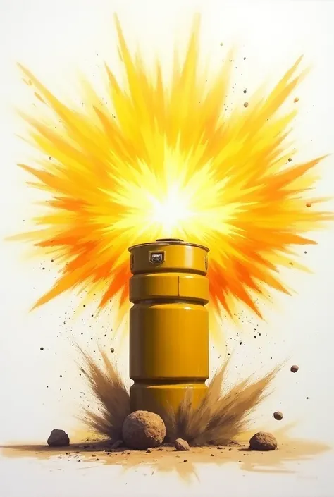 The explosion of the cylindrical body of a yellow grenade and the effect of the sound on the painting on a white background