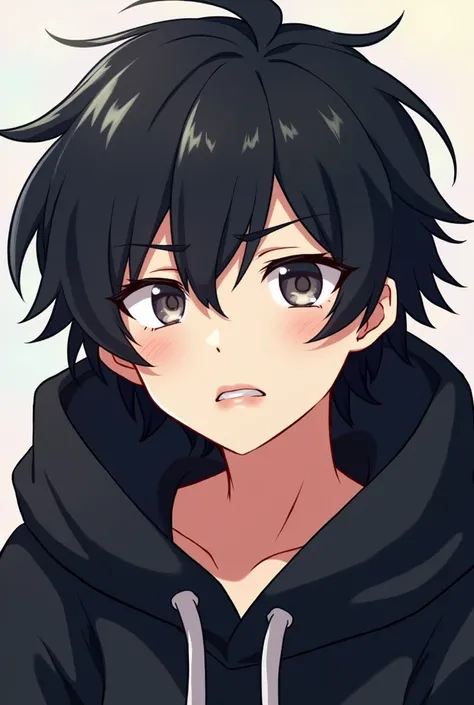 Eguchi Hisashi painting style whipping black hair bob patten bangs black hoodie cute tsundere style 