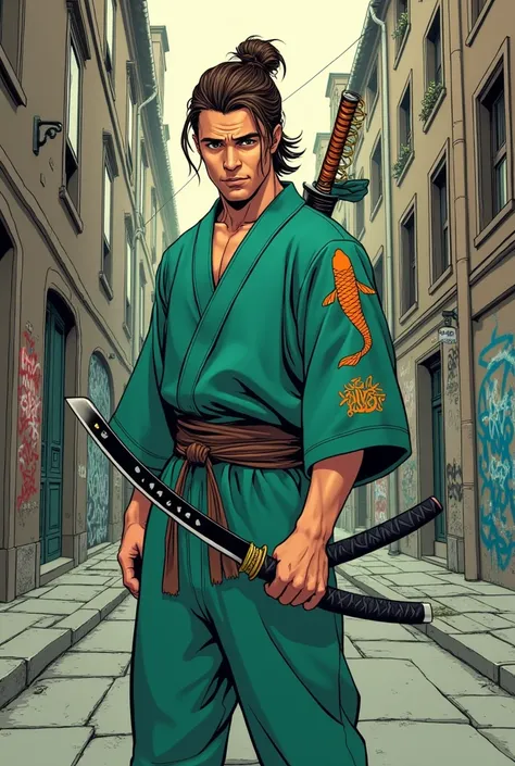 Une image du style manga. En couleurs claires. Un caucasien de 30 ans. Il a les cheuveux bruns,  longs, attachés en bun. Il a une petite barde. Il est habillé en habits samourai de couleurs vert deau avec des motifs  de poissons de couleur orange claire. I...