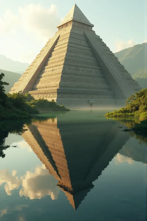 Pyramid reflected on river water