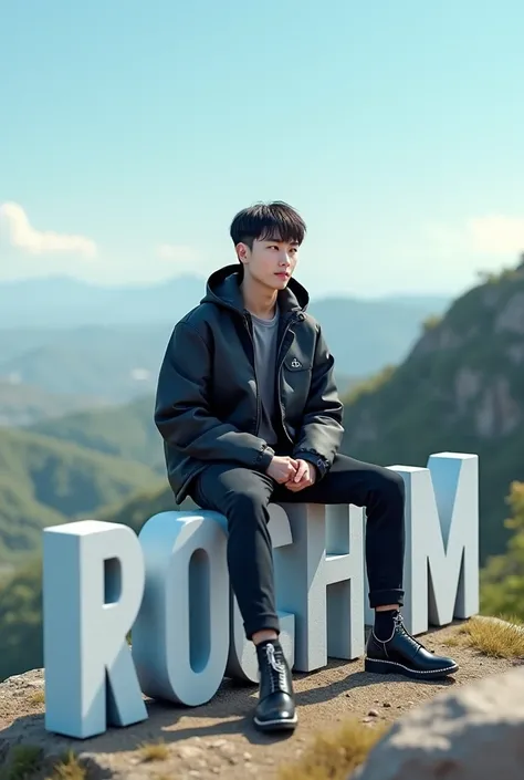 a handsome Korean man aged 20 wearing cool clothes. sitting on a 3d text block that says "Rochim". background view from the hill