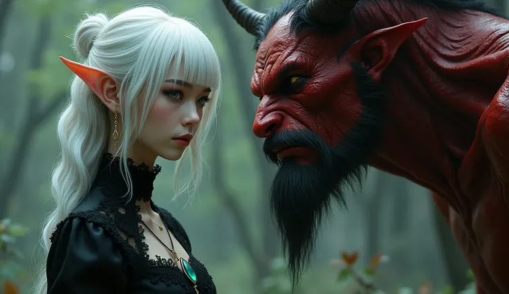 A girl with white hair and grey eyes standing in a left part of the picture. She us wearing a black dress with lace collar and a necklace with green stone. She is looking at a Demon in right part of the picture. Demon have red skin, goatee beard and horns....