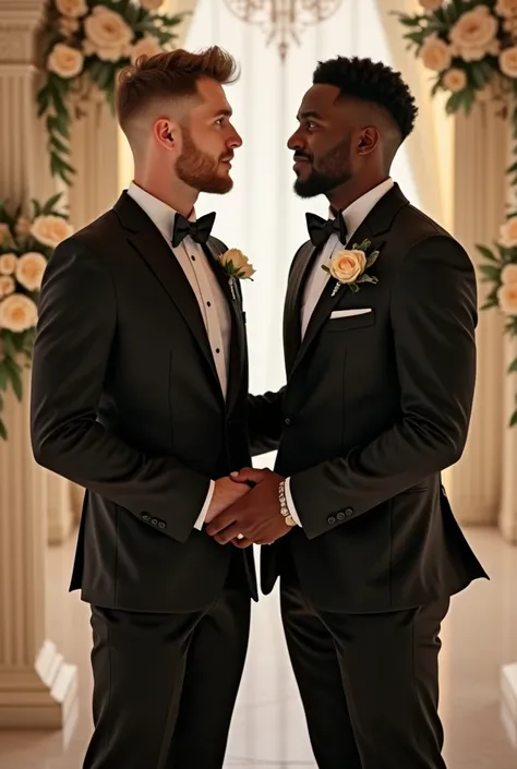 A highly realistic 8K image of a gay wedding couple. The first man is tall, fair-skinned, and extremely handsome, with brown hair, wearing a sleek wedding suit. The second man is equally handsome with darker, more intense features, and black hair, wearing ...