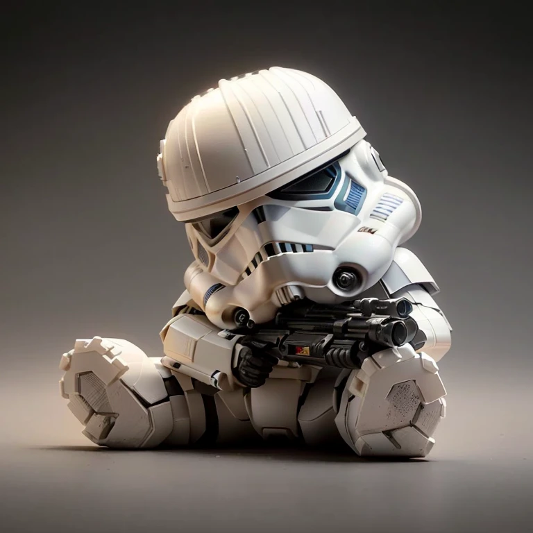 a close up of a toy of a storm Trooper sitting on a table, stormTrooper, Trooper, storm Trooper,  Star Wars character , stormTroopers sitting around it, portrait of a stormTrooper, HD Star Wars Photo,  cute 3d rendering , Vinyl Toy Figure ,  Star Wars Digi...