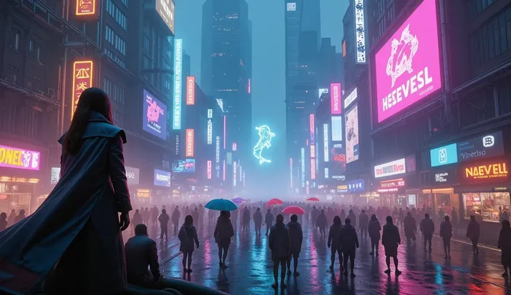 A sprawling futuristic city at night, drenched in vibrant neon lights of various colors—glowing pink, cyan, violet, and gold. Massive skyscrapers tower over the streets, their glass surfaces reflecting the brilliance of holographic advertisements and anima...