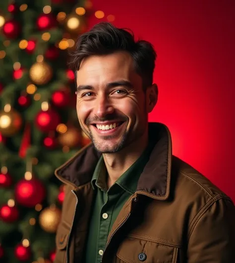 Hansome asian man 55 years short crew cut dark brown hair, thin smile, wearing dark green-khaki shirt and brown-khaki jacket, professional photos studio, dark red smokey and sparkling stars background, huge chrismas tree, Christmas atmosphere 