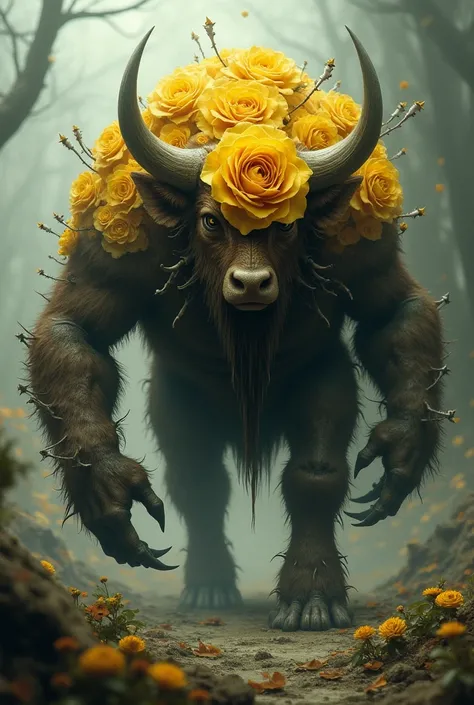 Beefalo and yellow rose realistic hybrid monstrous 