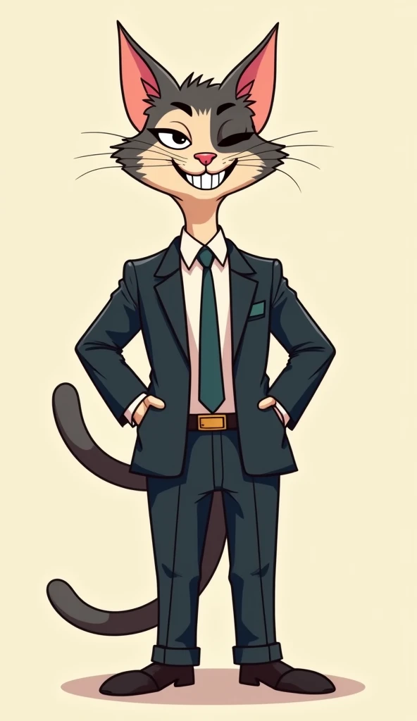 An amusing and skinny cartoon-style cat wearing a sleek, slightly oversized suit with a tie, standing confidently in a full-body pose. The cat has exaggerated facial expressions, like a wide grin or a raised eyebrow, adding to its comedic charm. The settin...