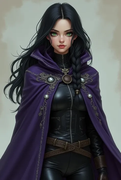 1girl, piercing emerald-green eyes and raven-black hair, small practical braid on the side, her attire combines practicality and mysticism, featuring a long dark violet cloak adorned with silver embroidery. Beneath the cloak she wears a fitted leather outf...