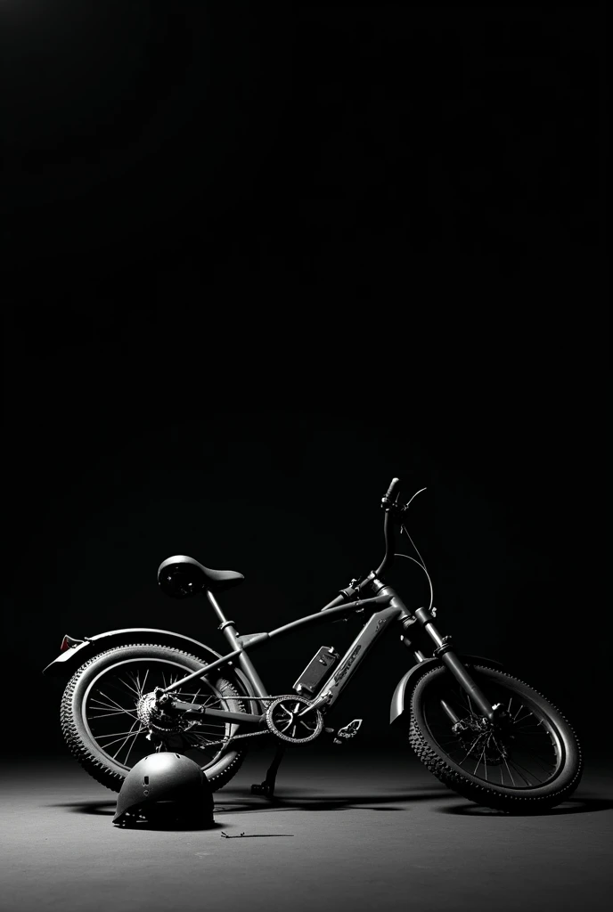 A pure black background generates a black and white silhouette. An electric bicycle is crashed to the ground. There is a broken helmet that fell in the close shot.