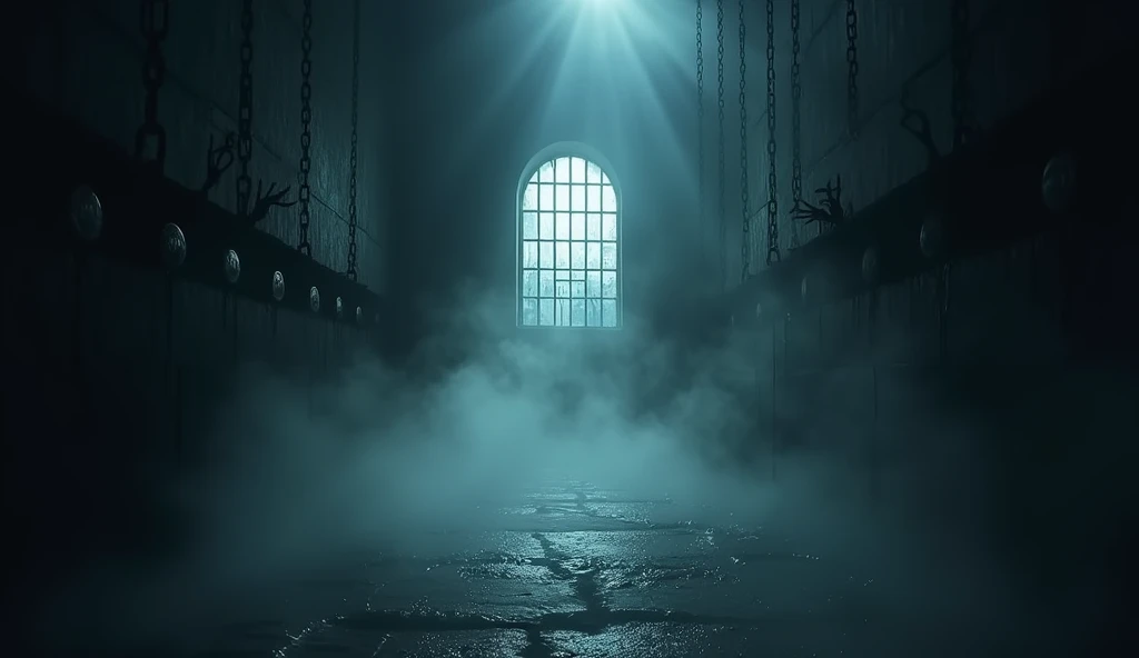 " An atmospheric and dark banner for the channel Captivity of Shadows ,  showing a desolate and mysterious scenery .  The composition must include a vast darkness with a cell in the background , partially visible, surrounded by hanging chains and moving sh...