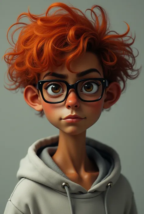 Create a brown skinned guy with a long red curly hair, a thin face with glasses and a hoodie