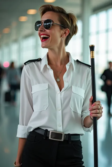 norvegian airport security lady , in white unbuttoned airport security shirt, laughing with her mouth open, red lipstick accentuating her smile,belt on waist, big wide hips, chest are fully grown, jewerly, short hair, aviator sunglasses, HD, holds long rid...