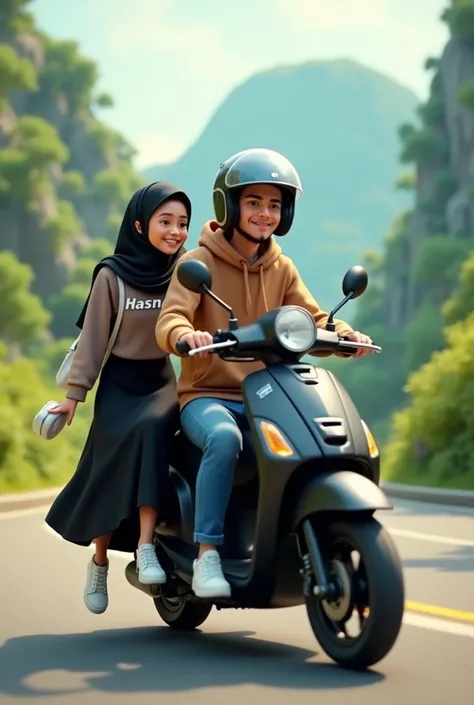 a man and a woman are riding a black automatic motorbike. the man riding the motorbike in front is wearing jeans and a milk chocolate colored hoodie wearing a helmet. the woman in the black hijab is wearing a long black skirt and a milk chocolate colored h...