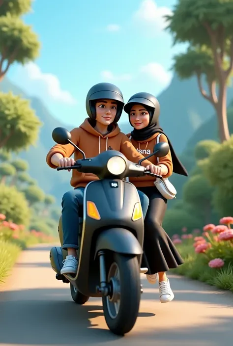 a man and a woman are riding a black automatic motorbike. the man riding the motorbike in front is wearing jeans and a milk chocolate colored hoodie wearing a helmet. the woman in the black hijab is wearing a long black skirt and a milk chocolate colored h...