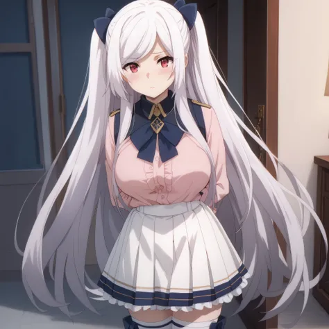 skirt, thighhighs, long sleeves,pleated skirt, boots, miniskirt, white thighhighs, zettai ryouiki, white skirt, (arms behind back:1.4), breast, (huge breast:1.0), (blush), 8k masterpiece, (1girl, solo), alexia midgar, long hair, very long hair, hair ribbon...