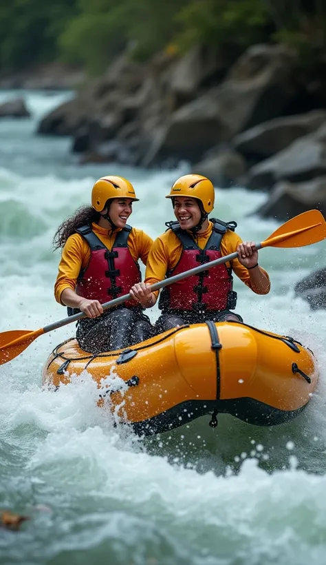 "Fearless lovers conquer the wild river, paddling in perfect sync, helmets buckled, hearts racing."


