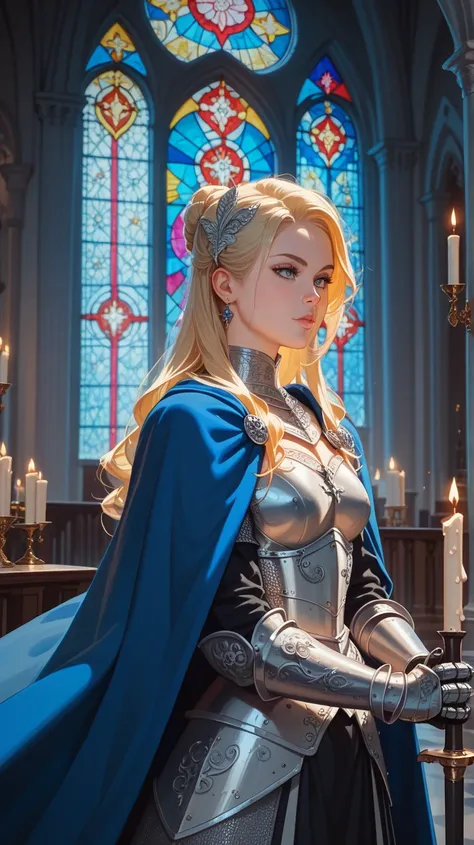 A knight with long blonde hair in ornate silver armor, holding a large, intricately designed sword, standing in a grand, gothic-style cathedral with stained glass windows and candlelit ambiance, wearing a blue cape.