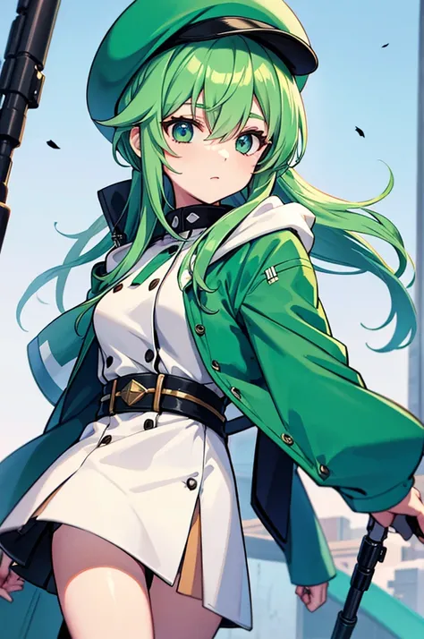 Green Hair　White Hat　Blue jacket　Sniper