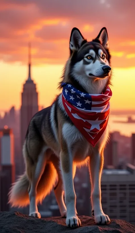 "A highly realistic and majestic Simuror dog (a fictional or majestic breed with a wolf-like appearance) standing proudly. The dog is wearing a scarf or bandana featuring the American flag. The background showcases a famous U.S. city, like New York City, w...