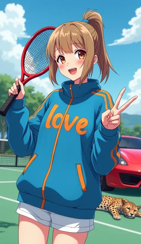 Anime style illustration on a tennis court.  There is a white girl with light brown hair , smooth and short,  tied in a tall ponytail .  Hold a tennis racket and make the peace sign with the other hand.  Wear blue jacket with orange stripes , oversize, wri...