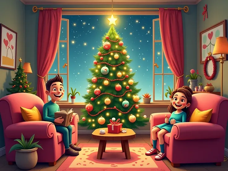 living room with chritmas tree, cartoon style