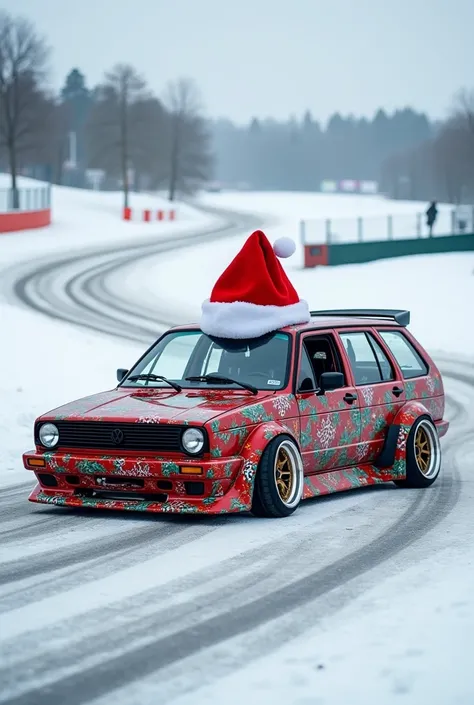 Volkswagen mk4 station wagon with cool drift tuning and Christmas-style drift vinyl and with a body kit, and with a big hat like Santa Claus 
on a snowy track.