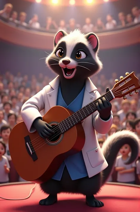  Create a 3D anime style image of a skunk in a white coat from a chemical laboratory singing and playing an acoustic guitar, in a crowded auditorium 