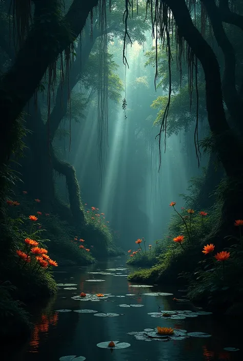 An enchanting dark jungle scene, with dense, shadowy trees and vines intertwined. Soft, eerie beams of light filter through the thick canopy, creating pockets of illumination on the jungle floor. Among the foliage, delicate flowers bloom in vibrant colors,...