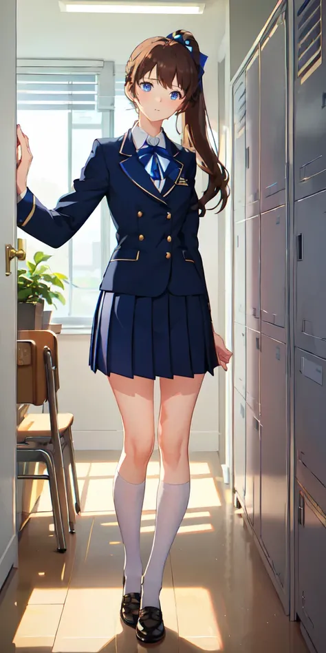 (Front view), ultra-detailed, illustration, close-up, 1girl, (school uniform:1.3), (azure blue eyes:1.2), her eyes sparkling with curiosity, (glowing eyes:1.2), (beautiful and detailed eyes:1.1), (medium-length brown hair:1.1), (hair styled in a neat ponyt...