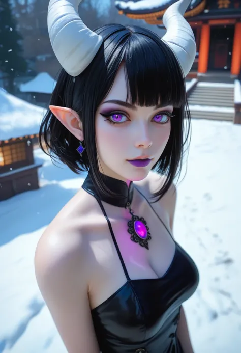 Beautiful female demon, photoreaistic, porcelain white skin, white horns on head, short black hair, goth, purple eyes, purple lips, black eyeliner, ((medium breasts)), pointy ears, fit. Wearing small black dress. Japanese temple in winter background. Weari...