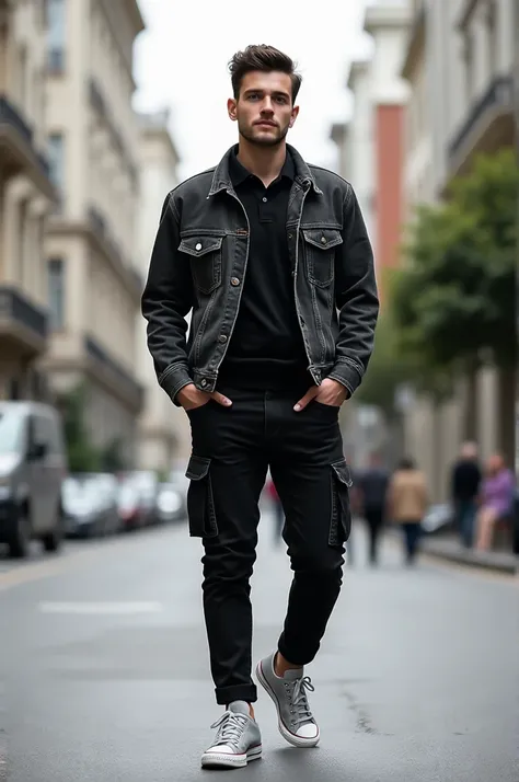 A man wearing a black cargo pants, light gray converse shoes, black polo shirt inside a dark gray denim jacket