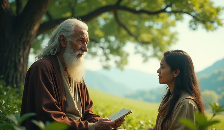 a glowing white face old man, teaching his ren under a large tree, peaceful environment, green valleys, bright sky, detailed face and expression, cinematic lighting, photorealistic, masterpiece, 8k, highly detailed