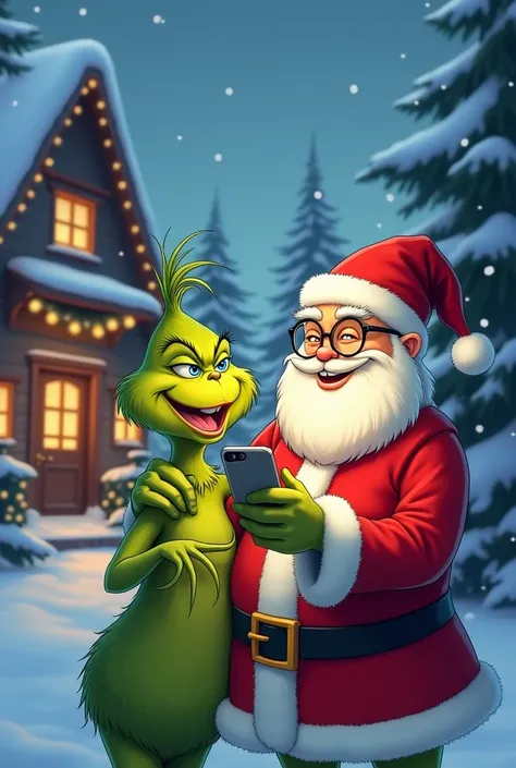 The Grinch and Santa Claus smiling and Santa Claus is wearing glasses and is showing his cell phone screen